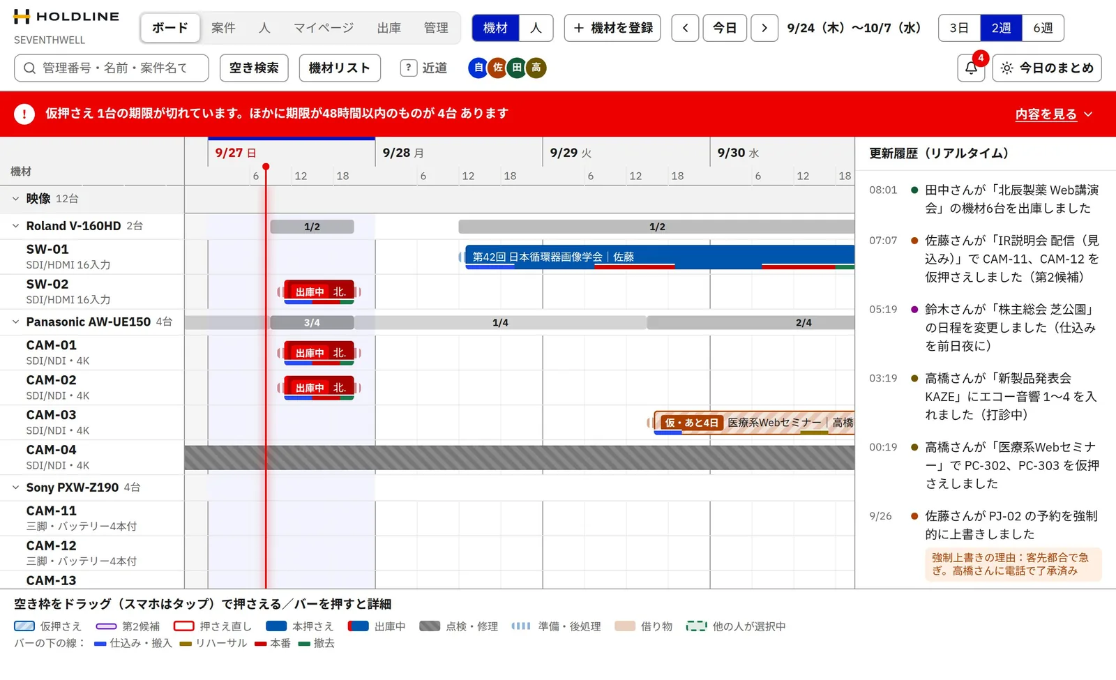 予約ボード。機材ごとの行に予定が並ぶ